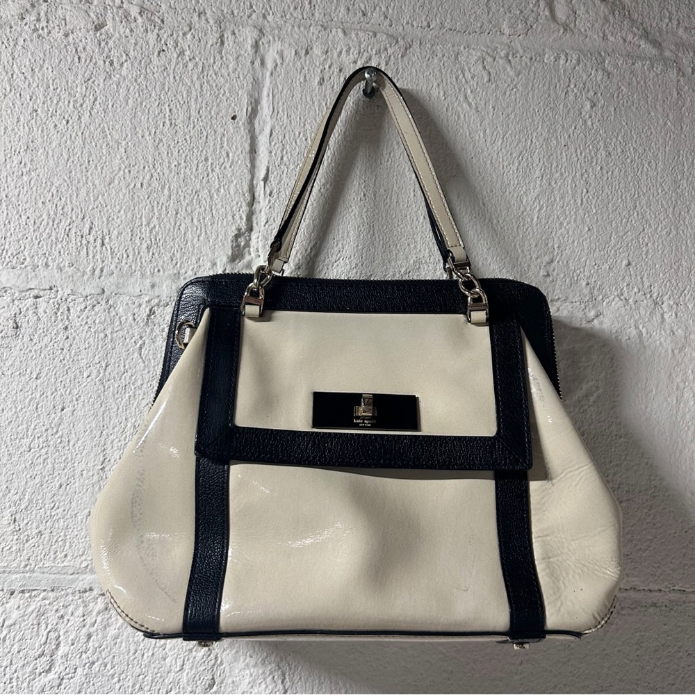 Kate Spade Auburn Place Cayton Satchel Bag Patent Cow Leather Cream and Black - Picture 15 of 15